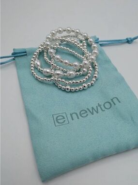 Newton Silver and Pearl Stretch Bracelet Stack - Silver 5 stack